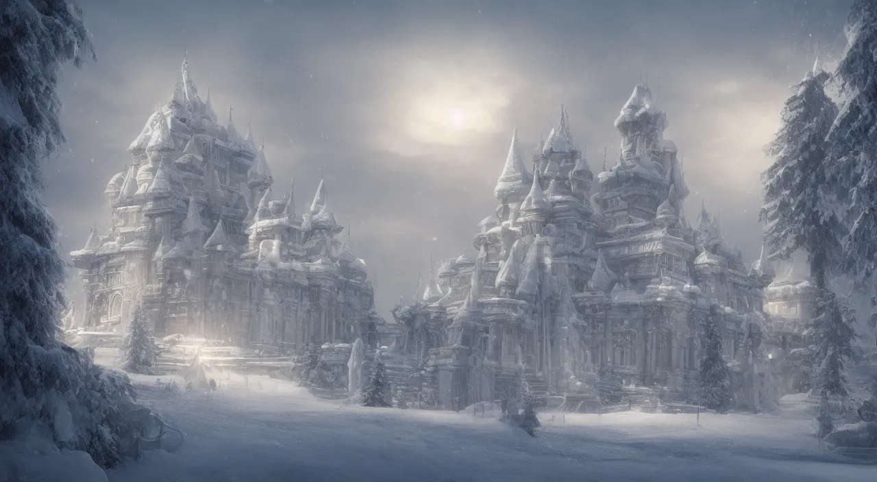 Prompt: An elaborate snow palace, sun rising in the back, snow falling from the sky, snow covered trees surrounding the palace, hyperdetailed, artstation, cgsociety, 8k
