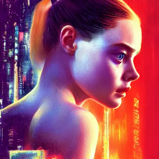Prompt: ultra realistic head and shoulders masterpiece of elle fanning in blade runner 2 0 4 9, art by frank frazetta, 4 k, ultra realistic, highly detailed, epic lighting