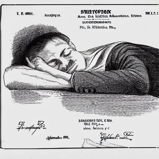 Image similar to sleeping man as a patent drawing. looking at camera. technical drawing. mathematical.