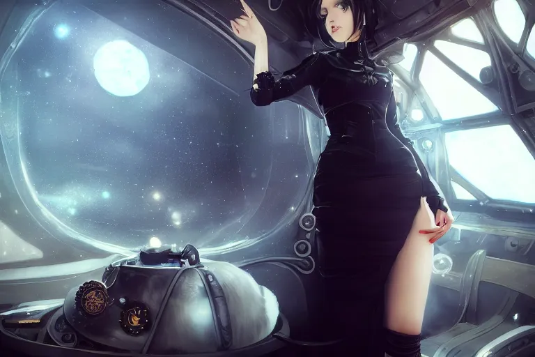 Image similar to a woman in a black dress and thigh highs in a steampunk spaceship, digital art, beautiful lighting, by wlop, by yoshitaka amano, octane render, composition, beautiful face, expressive oil painting, steampunk, 4 k