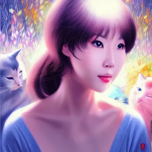 Image similar to bemused to be in surrounded by cats portrait of a vietnamese actress looking straight on, complex artistic color illustration, full detail, soft shadowing, fully immersive reflections and particle effects, concept art by artgerm, by range murata