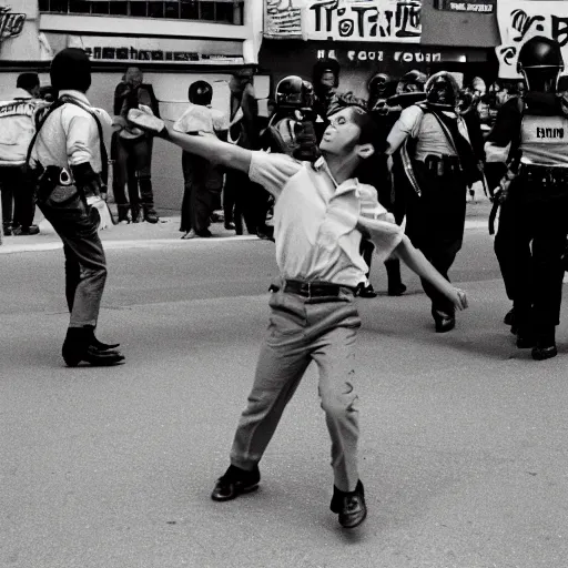 Image similar to a young man throwing a rabbit at a riot cop, leica m 9, voigtlander 3 5 mm, 1 9 6 0 s