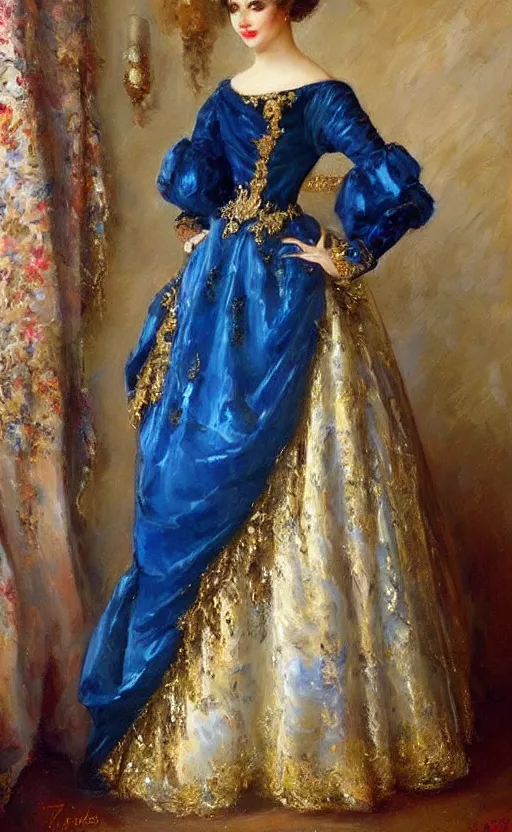 Prompt: Elegant laydy in blue baroque dress with gold ornaments. By Konstantin Razumov, highly detailded