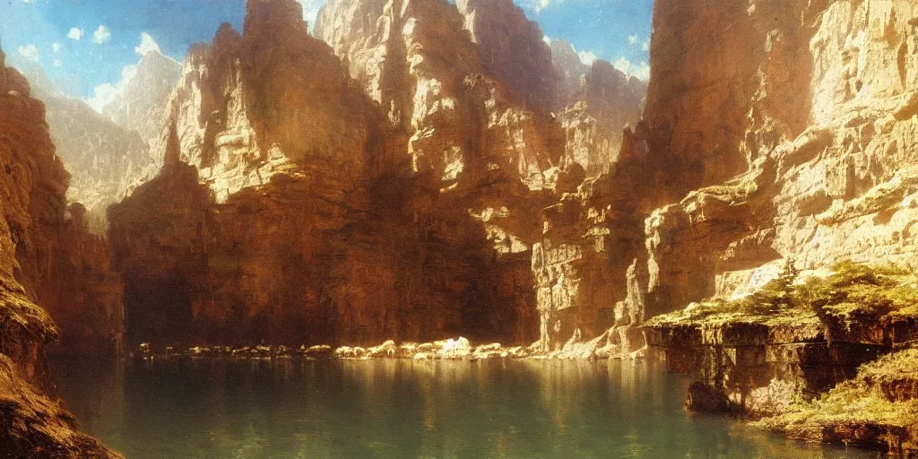Image similar to lake in a canyon, midday, cinematic, albert bierstadt, greg rutkowski
