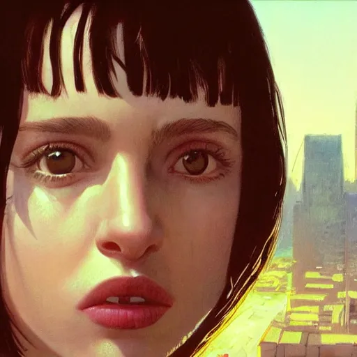 Prompt: closeup portrait of matilda from the movie leon the professional, natalie portman, city background, dramatic light, gorgeous view, depth, high detail, digital art, painted by greg rutkowski and seb mckinnon, by tim burton, trending on artstation