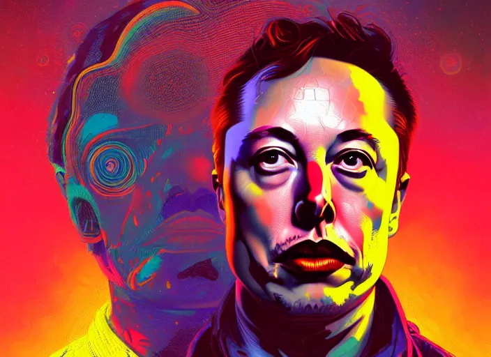 Prompt: A psychedelic portrait of will elon musk with :3 face, vibrant color scheme, highly detailed, in the style of romanticism, cinematic, artstation, Moebius, Greg rutkowski