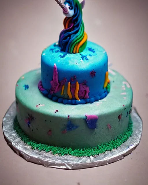 Image similar to photo of a childrens birthday cake scary unicorn designed by beksinski, bokeh