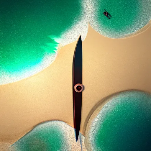 Prompt: blade with an eye lies on the sand, top view, digital art, many details, super realistic, greg rutkowski style, high quality, 8 k