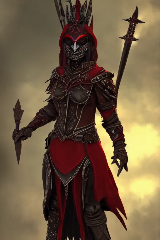 Image similar to female adventurer in tight full - body ebony leather armor of dunmer design with dark red cloth underneath and with a red porcelain crow mask, trending in artstation, establishing shot