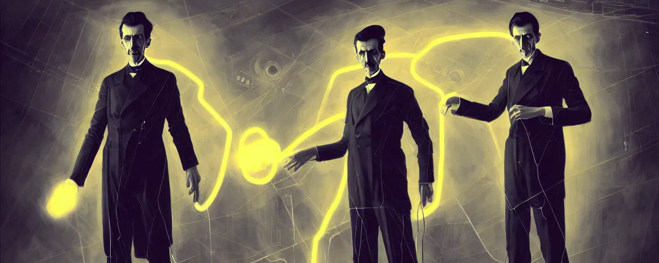 Image similar to duotone dark scifi illustration 3 / 4 portrait of nikola tesla with conducting eletricity experiments with tesla coils. cinematic lighting. golden ratio accidental renaissance. by sachin teng and sergey kolesov and ruan jia and heng z. graffiti art, scifi, fantasy, hyper detailed. octane render. concept art. trending on artstation