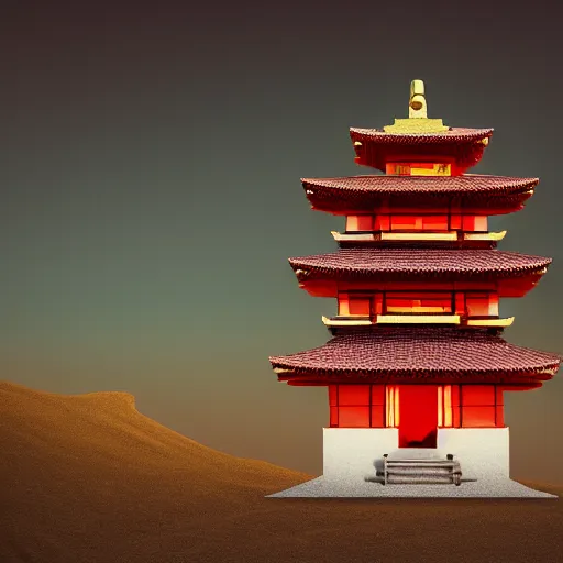 Prompt: lonely pagoda in a desert city, detailed, jewelry, sakura, photograph, award wining, red and white, trending on artstation, punk attitude, 4 k, neon highlights