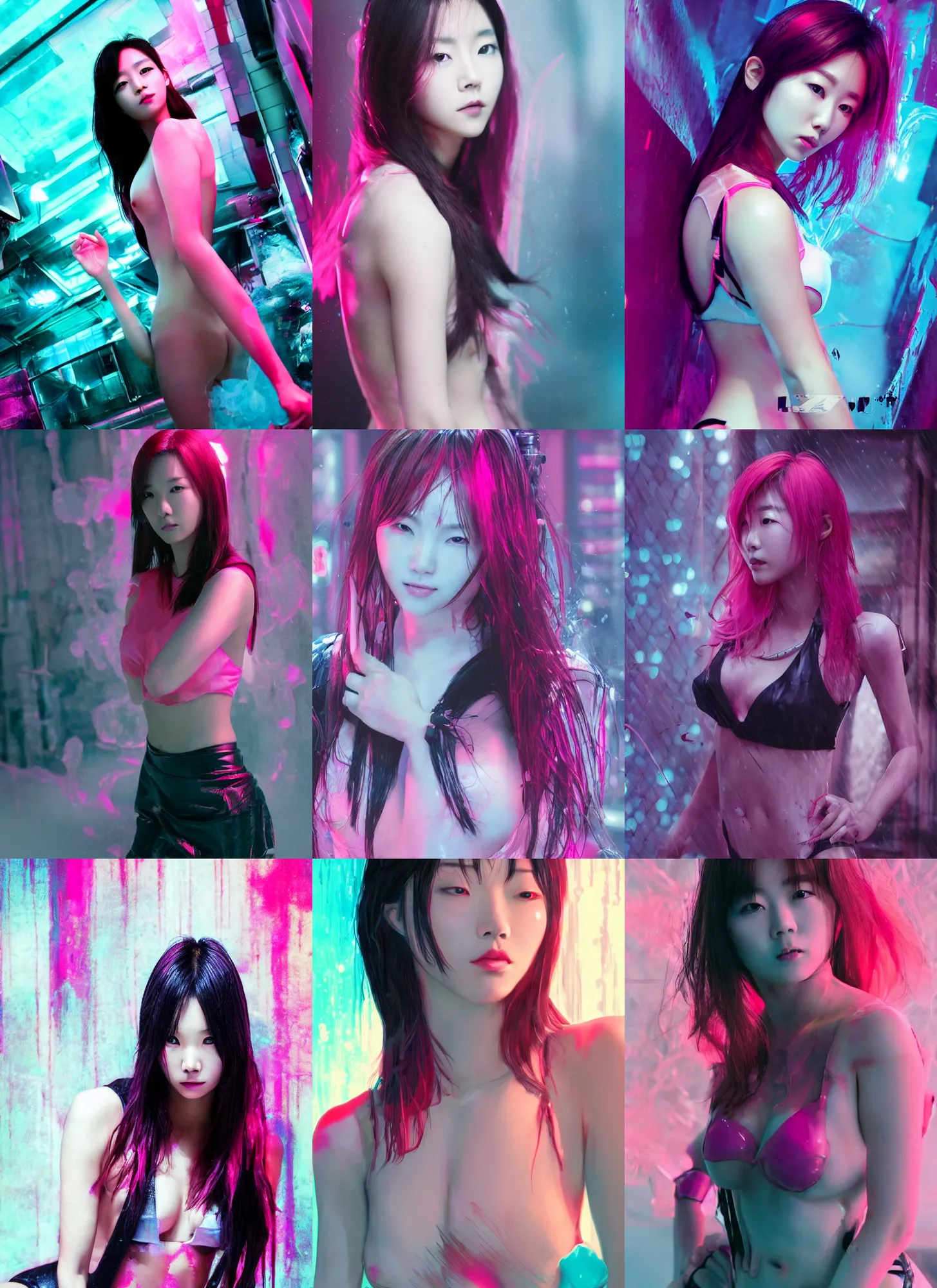 Prompt: lee jin - eun emerging from pink water in cyberpunk theme by android james, rule of thirds, seductive look, beautiful