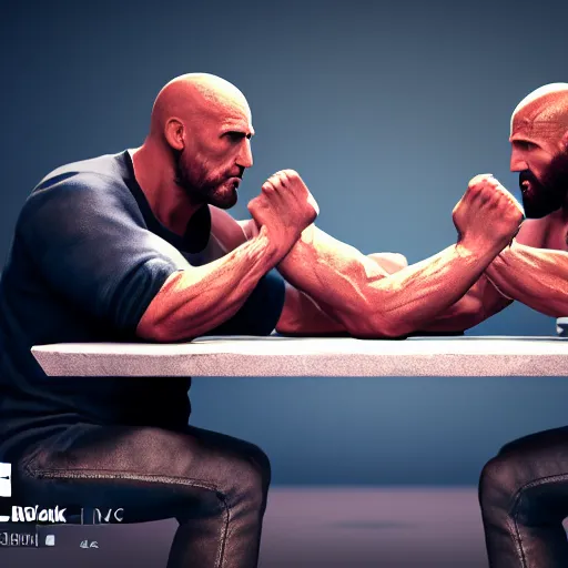 Image similar to jesus christ arm wrestling with the rock johnson, 3 d render, unreal engine, hd, 4 k