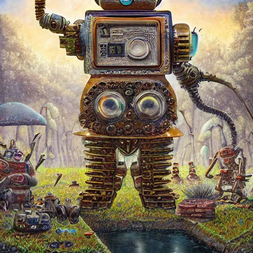 Image similar to On the morning of the robot queen's coronation, shadows of the past, The Mekanik Doll, chubby moss kitten, by jeff easley and Dylan Kowalski, highly detailed, digital painting, HDRI, by vivid colors, high contrast, 8k resolution, intricate, beautiful and thematically complex, smooth