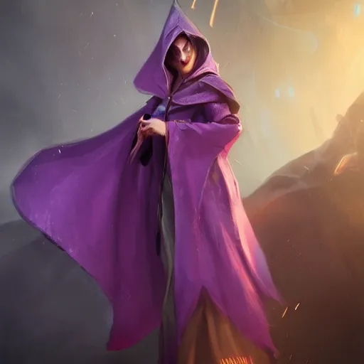 Image similar to female warlock long hood cloak purple, fighting monster with magic, 8 k, trending on artstation by tooth wu and greg rutkowski