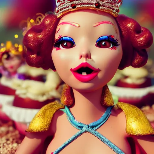 Image similar to closeup face profile portrait of a tin toy fairytale princess wearing a crown eating cakes, bikini, depth of field, zeiss lens, detailed, symmetrical, centered, fashion photoshoot by max fleischer, hyperrealistic, octane render