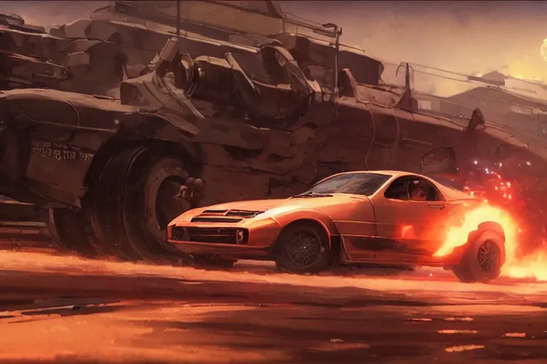 Image similar to 2 0 0 1 space odyssy diesepunk toyota mr 2 mad max speeding through a fuel depot chase under fire by greg rutkowski makoto shinkai takashi takeuchi studio ghibli, akihiko yoshida