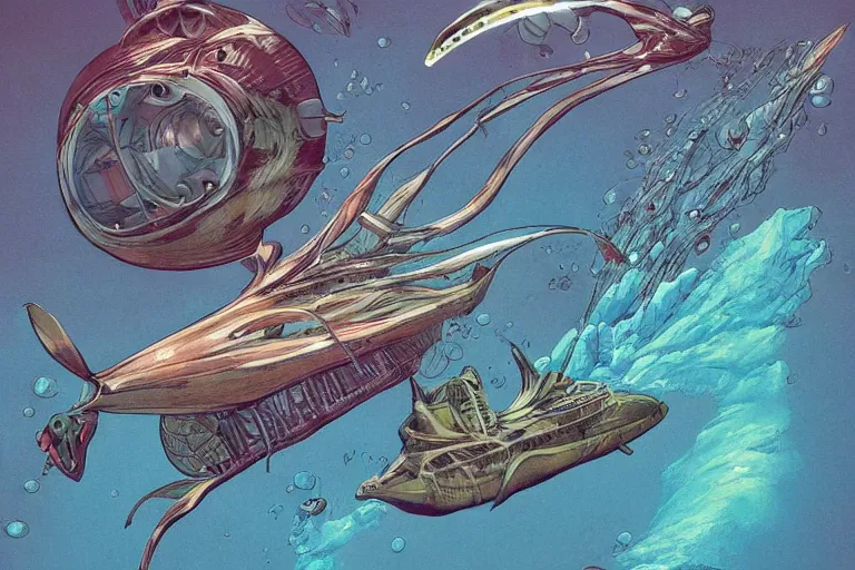 Prompt: mixed media artwork of an insectoid submarine underwater by Moebius and Alex Ross, intricately deteailed, trending on artstation
