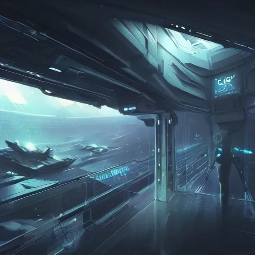 Prompt: scifi art by Greg Rutkowski, the ship's bridge deck, full of screens and holographic maps with a large window looking into space, functional and elegant look, but minimalist, and a bit dark and lonely, claustrophobic and futuristic environment, detailed and intricate environment, high technology, digital painting, artstation, concept art, smooth, sharp foccus ilustration, Artstation HQ.