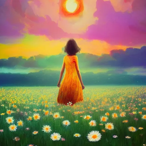 Image similar to giant daisy flower as face, full body, girl walking in a flower field, surreal photography, sunrise dramatic light, impressionist painting, colorful clouds, digital painting, artstation, simon stalenhag, flower face