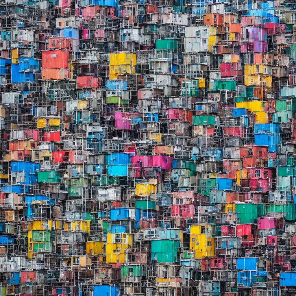 Image similar to two towers, made up of colourful makeshift squatter shacks, large vertical blank spaces, dystopia, sony a 7 r 3, f 1 1, fully frontal view, photographed by jeanette hagglund