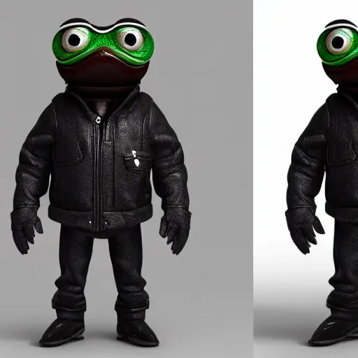 Image similar to perfectly accurate miniature figure of pepe the frog wearing jeans and a black leather jacket, soft textures, skin texture, clothing, 3d sculpture, textured, fine detail, lifelike, photo, high resolution, octane render, post processing, after effects, trending on artstation