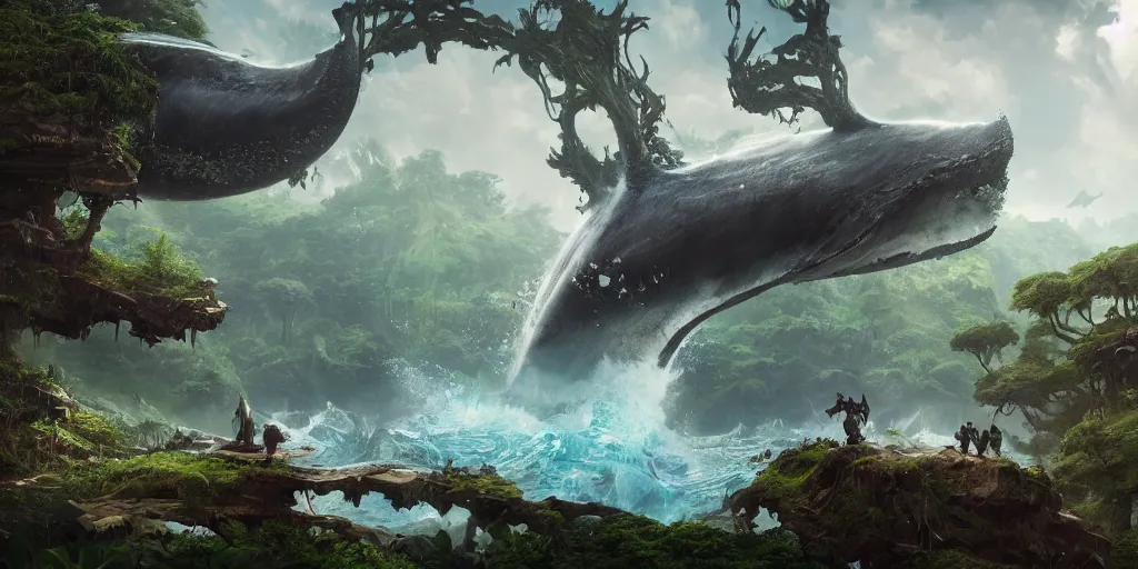 Prompt: Fantasy overgrown world , planet, giant whale floating, waterfalls, ancient tree, Greg Rutkowski, Frank Frazetta, Kim Jung Gi, trending on Artstation, 8K, ultra wide angle, pincushion lens effect.