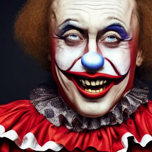 Image similar to UHD candid photo of Vladimir Putin dressed as a clown, wearing accurate clown makeup, accurate face, UHD, photorealistic, correct face, photo by Annie Leibowitz