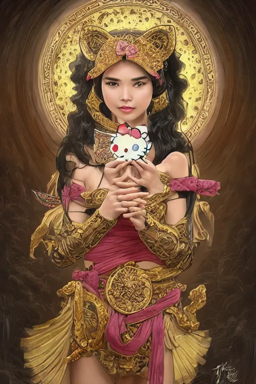 Image similar to portrait of Hello Kitty in ancient Java as \'Death\' tarot card design, D&D, MtG art,fantasy, intricate, elegant, highly detailed, digital painting, artstation, concept art, smooth, sharp focus, hyperrealistic,illustration, art by artgerm and greg rutkowski and alphonse mucha