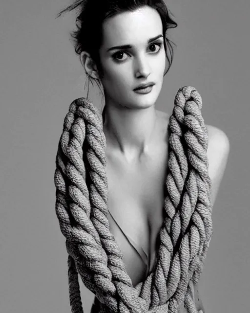 Prompt: gorgeous young winona ryder wearing a outfit made from ropes, half body portrait, greg kutkowski, sharp details, soft lighting, subsurface scattering, pearls of sweat, glistening skin, warm lighting