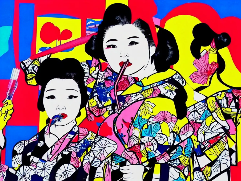 Image similar to hyperrealistic composition, in the middle a woman in a japanese kimono, behind her stands darth vader, in front of her a table from the casino, in the background is mount fuji and fireworks, pop - art style, jacky tsai style, andy warhol style, roy lichtenstein style, acrylic on canvas