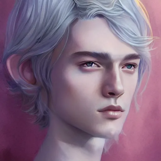 Image similar to teen boy, silver hair, shoulder - length hair, ethereal, elegant, intricate, delicate, feminine, light smile, sharp focus, highly detailed, artstation, watercolor, by charlie bowater and ross tran