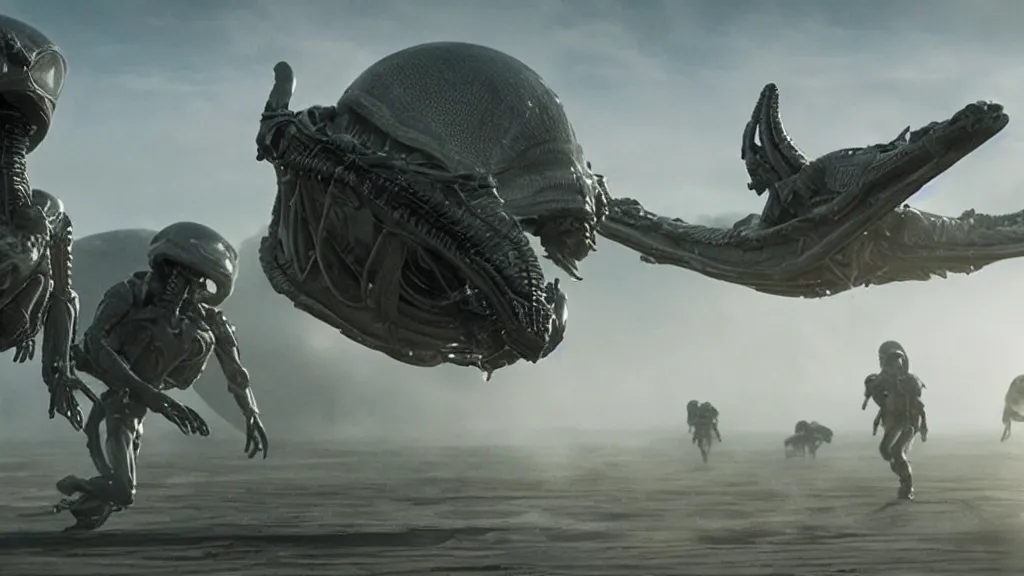 Prompt: aliens arriving earth, film still from the movie directed by Denis Villeneuve with art direction, wide angle, 4K