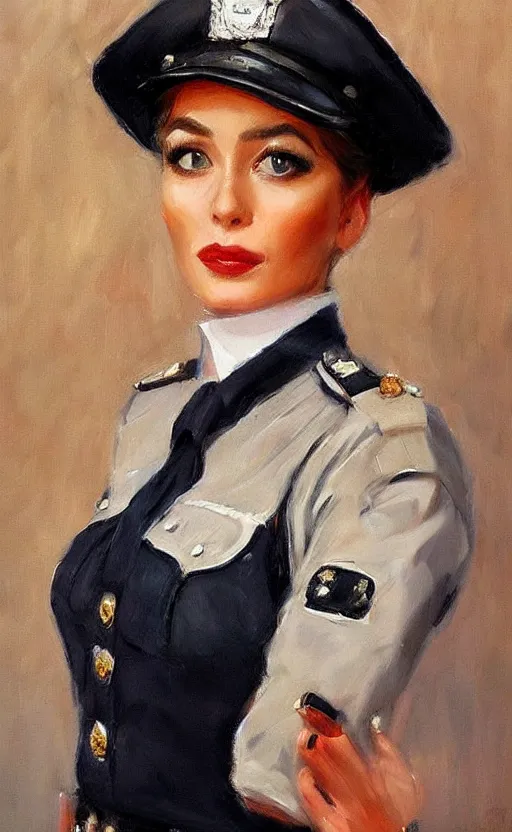 Prompt: Elegant lady in police uniform. By Konstantin Razumov, highly detailded