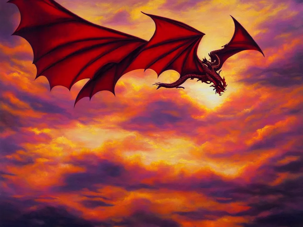 Image similar to A dragon made of rubies and gold flying in sunset clouds, realistic oil painting