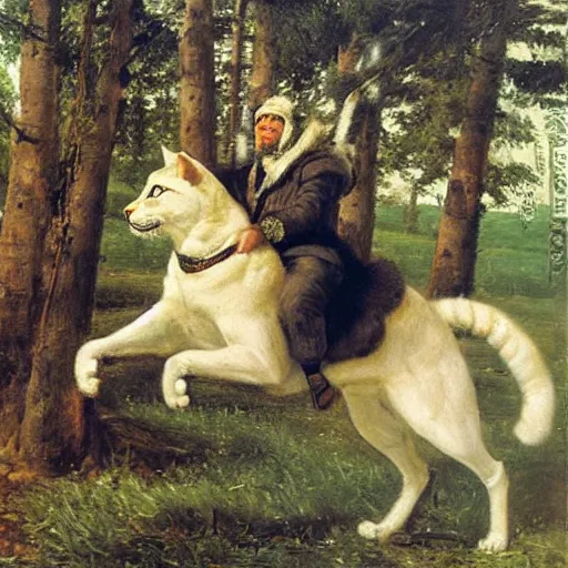 Image similar to man riding a huge cat, oil painting by Ivan Shishkin