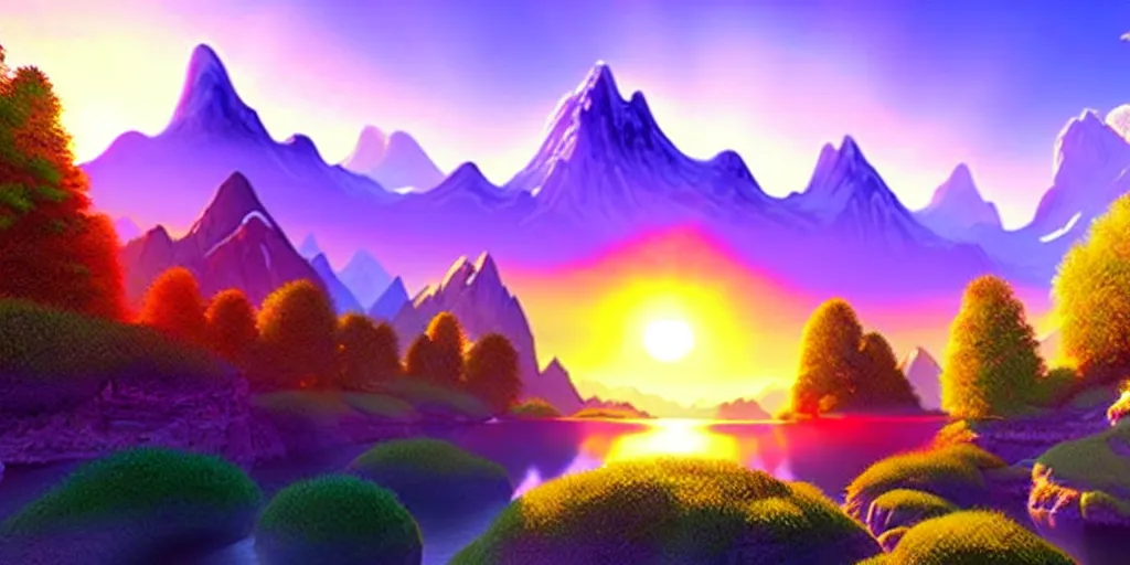 Image similar to a beautiful landscape, sun rises between two mountains, colourful 3 d artwork by bob ross, unreal engine 5, extremely detailed, hyper realism