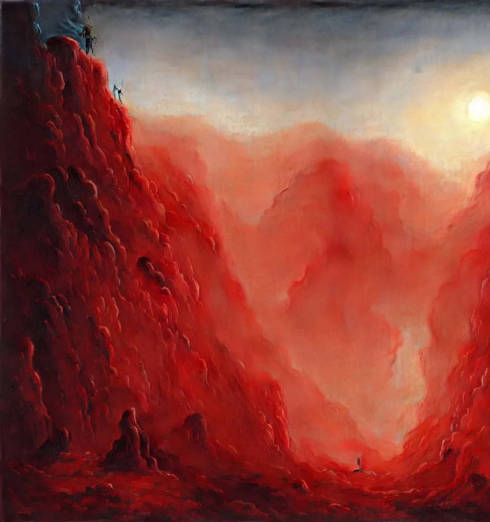 Prompt: magical landscape, chiaroscuro, red fabric, metalic parts, transparent smoke from hell, notan sun in the background, abstract, surreal art, painted by beksinski and android jones