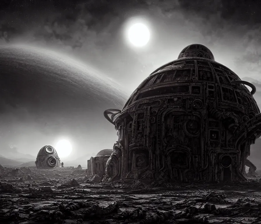 Image similar to landscape abandoned alien structure on exoplanet, black mos eisley designed by giger, wrecked skeletal technology, dark clouds, surreal abandoned buildings, dream-like heavy atmosphere, baroque painting, beautiful detailed intricate insanely detailed octane render trending on Artstation, 8K artistic photography, photorealistic, dramatic volumetric cinematic light, chiaroscuro, award-winning photograph, masterpiece, Raphael, Caravaggio, Beksinski, Giger