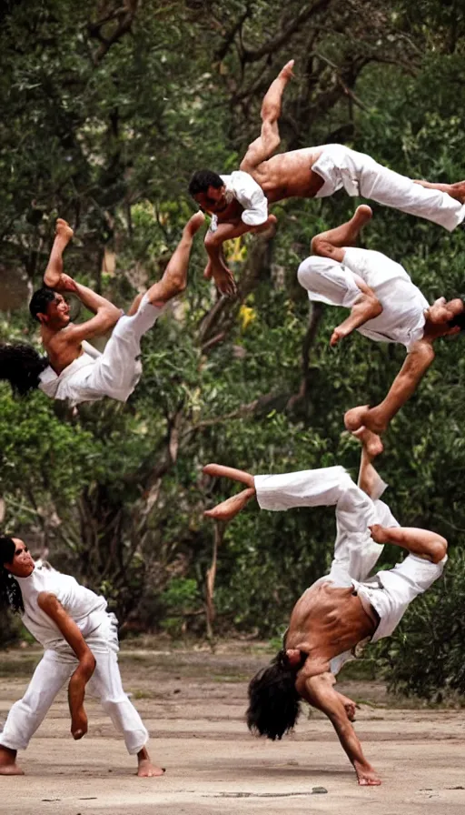 Image similar to wild animals playing capoeira in figueres city, national geographic photograph,