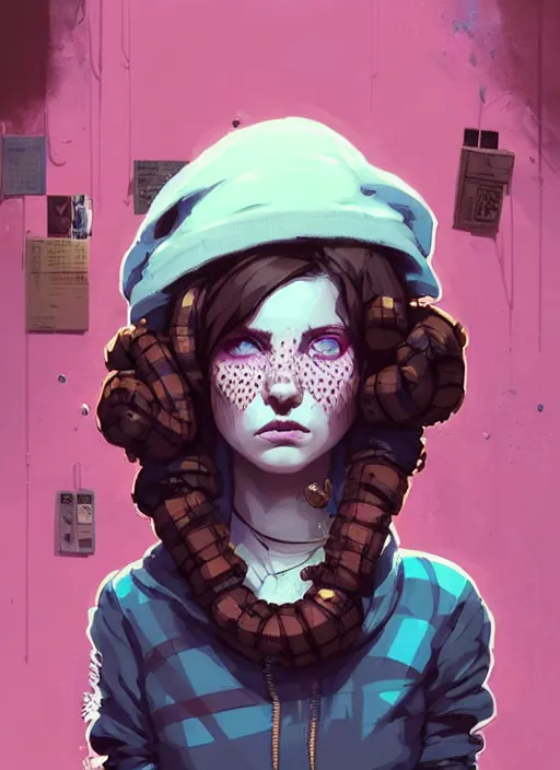 Image similar to highly detailed portrait of a sewer punk lady, blue eyes, tartan hoody, ringlet hair by atey ghailan, by greg rutkowski, by greg tocchini, by james gilleard, by joe fenton, by kaethe butcher, gradient pink, brown, light blue and white color scheme, grunge aesthetic!!! ( ( graffiti tag wall background ) )