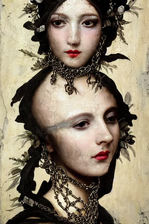 Prompt: hyperrealism close - up mythological portrait of a beautiful medieval woman's shattered face blended with black flowers in style of classicism mixed with old painting, black massive chains around the neck, pale skin, ivory make up, wearing black silk robe, dark and dull palette