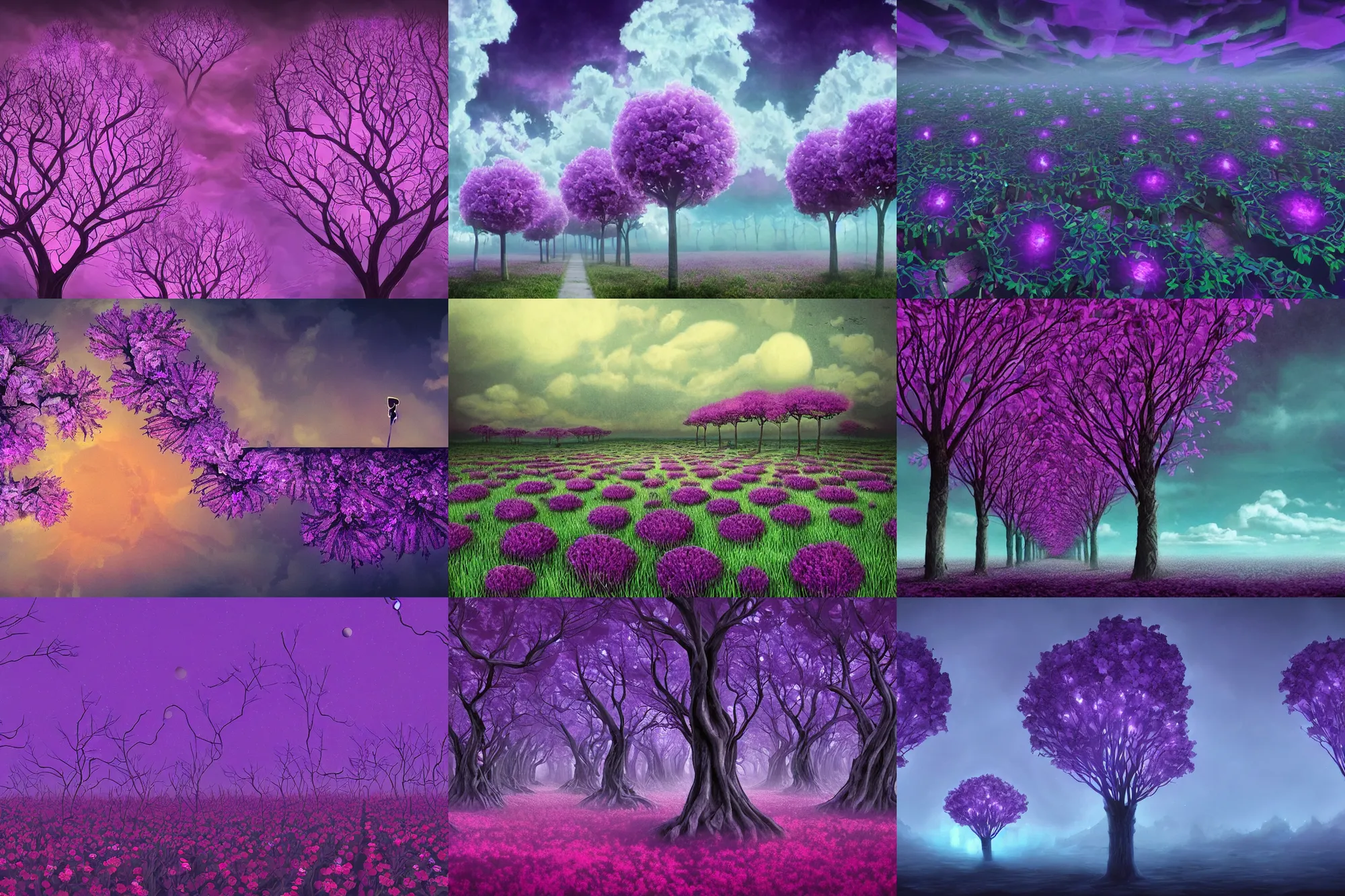 Prompt: purple flower trees, symmetry!!!, clouds, surrealism, dark atmosphere, blue color, dark red color, dark purple color, glowing orbs, glowing lights, surreal, infographic, epic fantasy, digital art, concept art, detailed illustration, hd, 4 k, highly saturated colors, digital art, mike franchina, trending on artstation