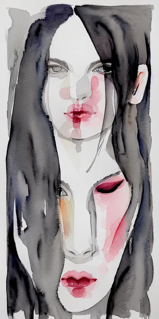 Image similar to beautiful face woman, symmetrical, grey, colorless and silent, watercolor portraits by Luke Rueda Studios and David downton