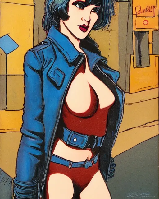 Image similar to young female protagonist in leather jacket, city street, artwork by ralph bakshi