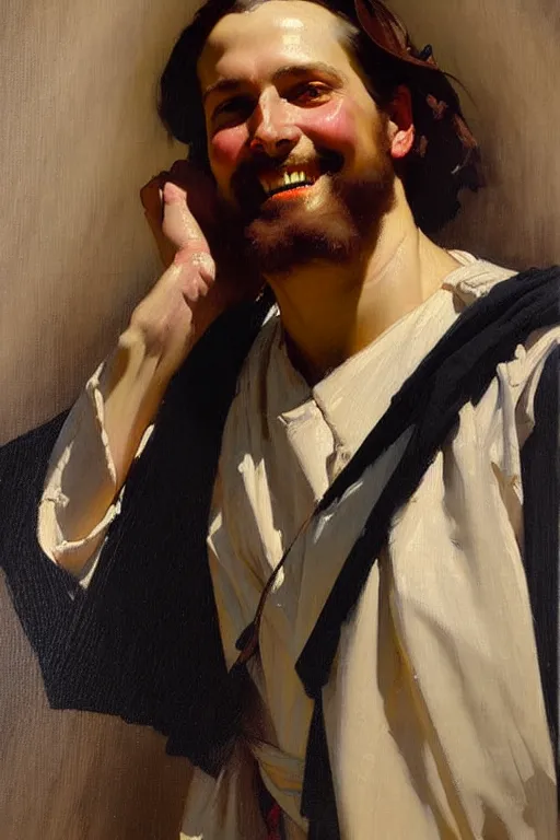 Prompt: leyendecker and solomon joseph solomon and richard schmid and jeremy lipking victorian loose genre loose painting full length portrait painting of jesus with a slight smile happy inviting