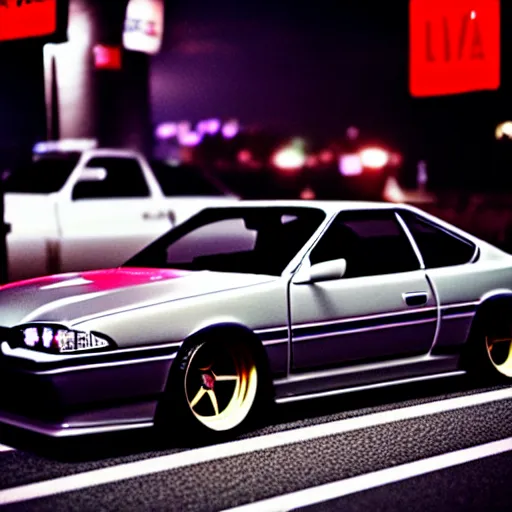 Image similar to a car Nissan Silvia at illegal car meet, Shibuya prefecture, city midnight mist, cinematic color, photorealistic, highly detailed