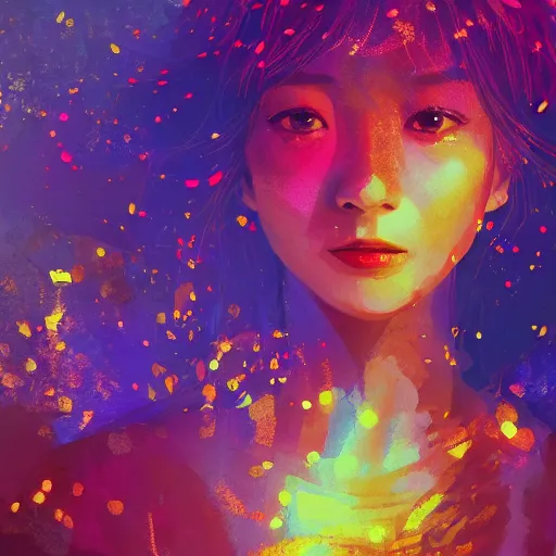 Prompt: AI looks in the mirror , colorful, bright, consciousness, sentience, Golden embers flying,vivid color.digital 2D, painterly style, cinematic matte Illustration,trending on pixiv and artstation.Fantastic depth-of-field effect in Bacnground,by Wlop,Mika Pikazo，Yoneyama Mai，Makoto Shinkai, VOFAN