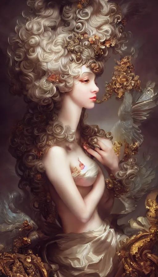 Prompt: pop surrealism, rococo, baroque hair, angelic young female seductive - fine - face, pretty face, key visual, realistic shaded perfect face, fine details by stanley artgerm lau, wlop, nekro, james jean, andrei riabovitchev, marc simonetti, and sakimichan, trending on artstation