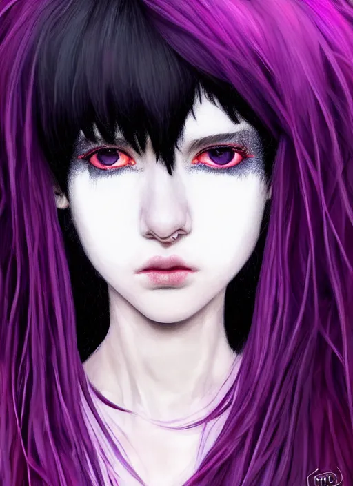 Image similar to hair blackbangs hair, white cyberlox, portrait of normal teenage girl, normal face, black bangs, messy bangs, fluffy bangs, cyberlox, whitebangs, red contact lenses, purple background, intricate, elegant, highly detailed, digital painting, artstation, concept art, sharp focus, smooth, illustration, art by wlop, mars ravelo and greg rutkowski